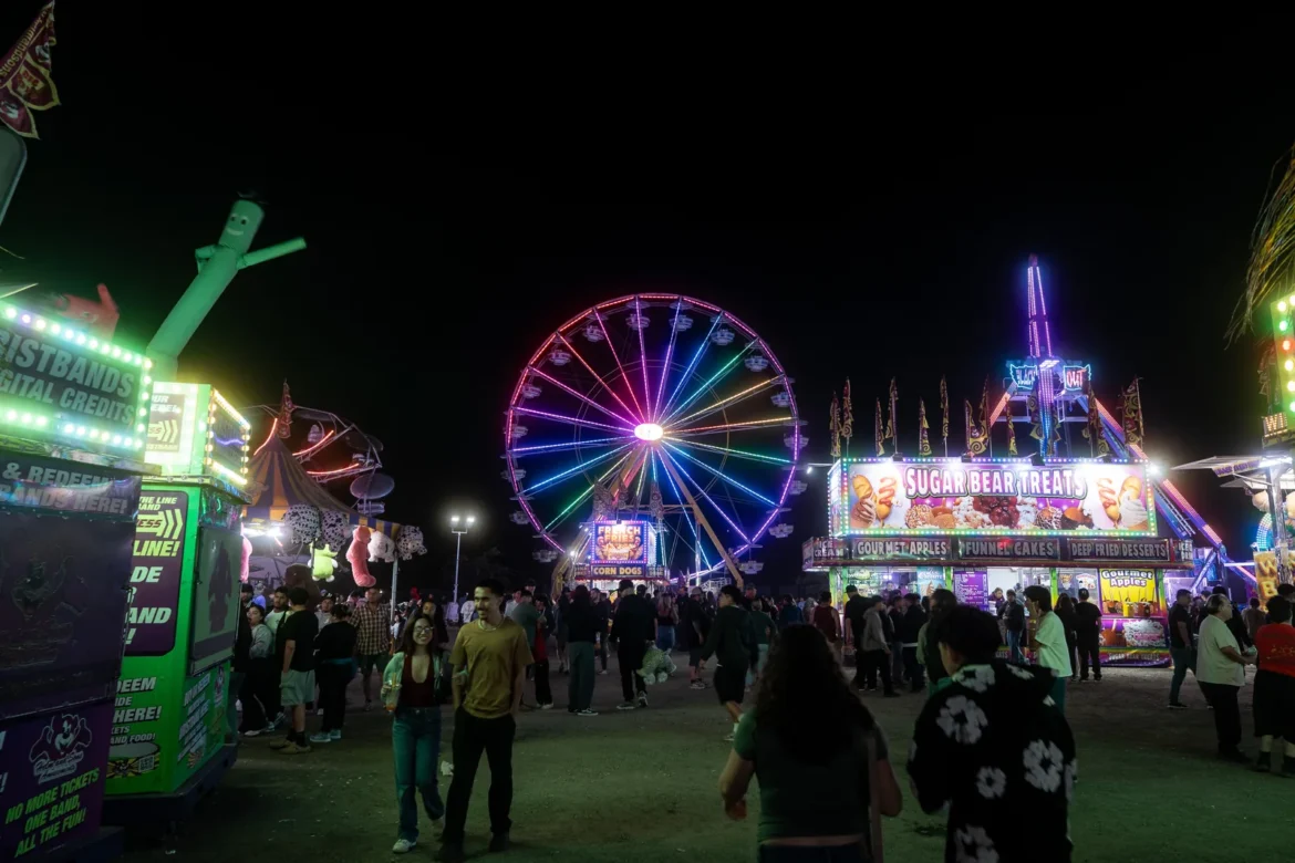 The Ferris wheel and carnival lights at night.